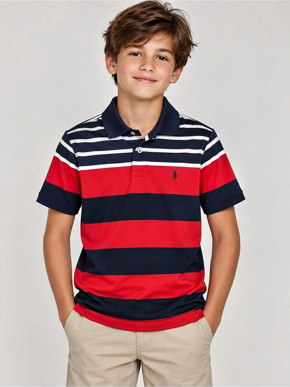 Polo Ralph Lauren Boys Striped Performance Polo Shirt Red & Navy Boys M 10-12